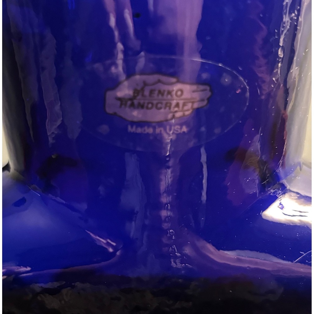 Vintage Blenko 384 Water Bottle Pitcher Cobalt Blue Double Spout Carafe - Picture 2 of 9